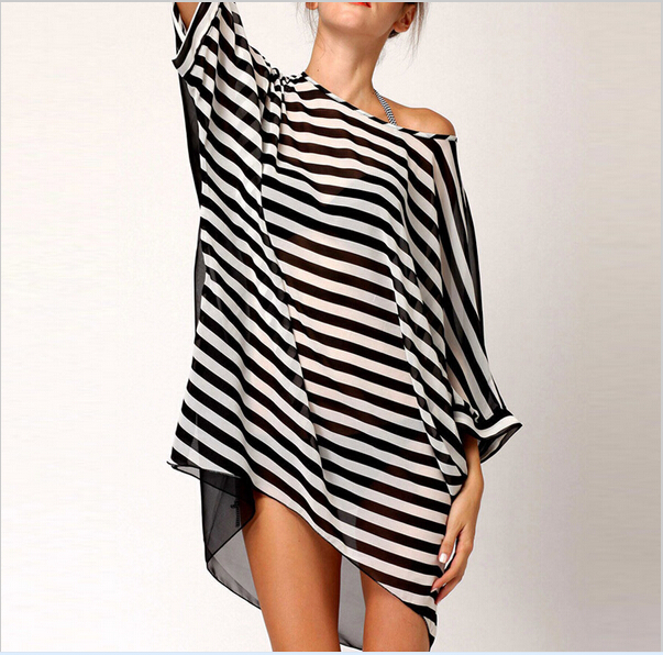 F4393Cheap Women Black Oversized White Stripes Cover-Ups Beach Dress